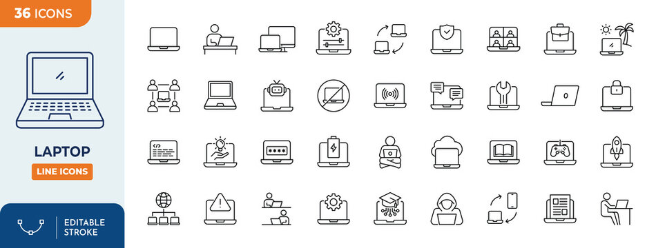Laptop icon set. Editable stroke. Vector illustration