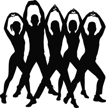 Silhouettes of five dancers performing zumba in a group vector illustration EPS PNG file