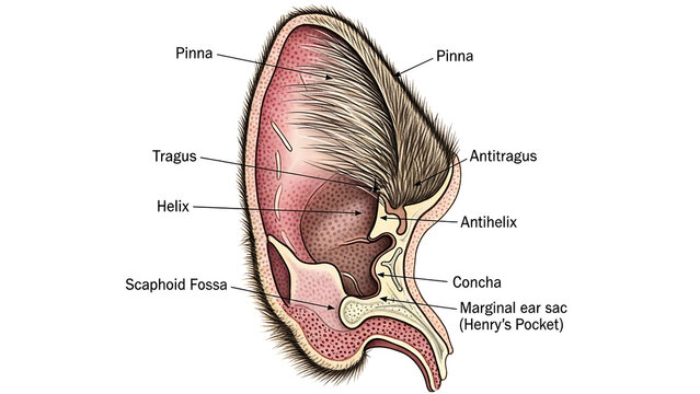 Anatomical diagram of a feline ear with labeled structures isolated on a transparent background