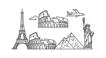 Famous World Landmarks Outline Drawing for Global Travel with Eiffel Tower, Colosseum, Pyramids, and Statue of Liberty on Isolated White Background © Olivia