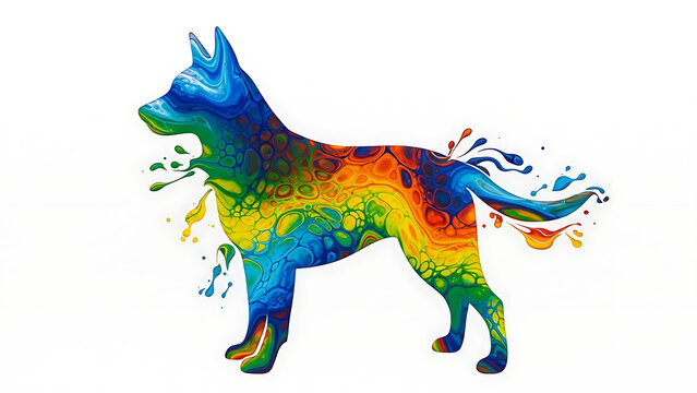 Colorful acrylic pour painting of a standing dog silhouette isolated on a transparent background