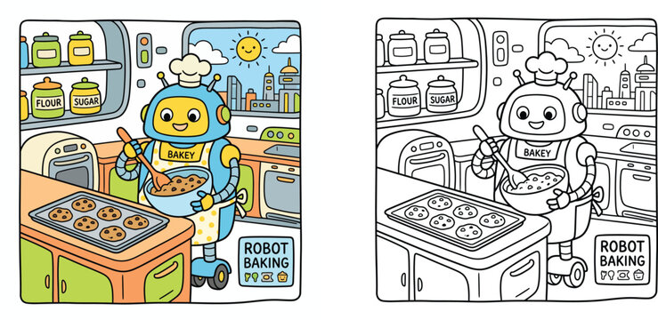 Robot chef baking cookies vector illustration and coloring page activity sheet for children