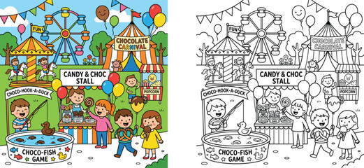 Fototapeta premium Childrens chocolate carnival illustration set with colored and black and white line art coloring page version featuring ferris wheel carousel games and sweet treats food stalls.
