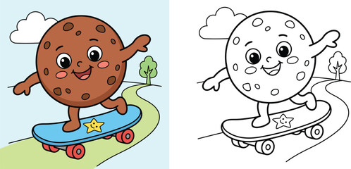 Coloring book page vector illustration of a cute cartoon cookie character riding a skateboard with a colored reference example © MSTA
