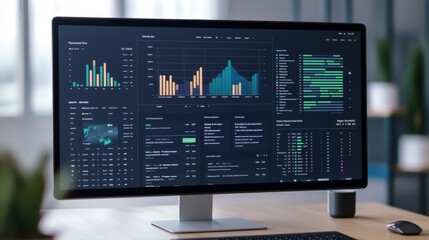 Fototapeta premium Close-up of a modern desktop monitor, displaying a dark UI with detailed data analytics, financial charts and business intelligence insights on a wooden desk., Data Visualization,