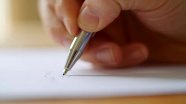 Static shot of hand writing on white paper with silver metallic pen in extreme close-up macro view
