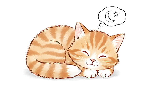 Cute ginger tabby kitten sleeping with a moon dream bubble isolated on a transparent background