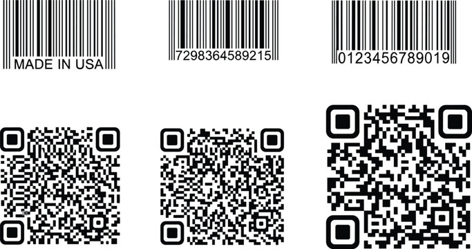 UPC barcode and QR code vector icon set for product packaging scanning tracking labels isolated on white background