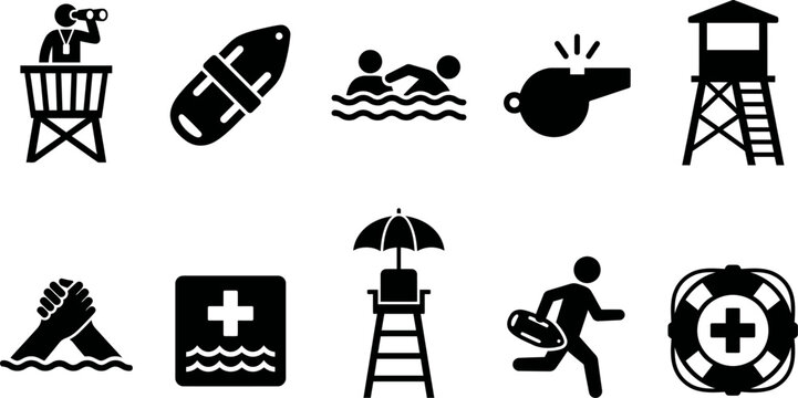 Lifeguard and beach safety icons and symbols for rescue and emergency  lifesaving tools
