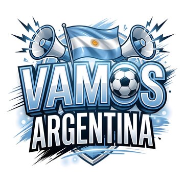 Argentina football fan support slogan vamos argentina with flag and megaphones