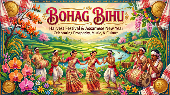 Bihu Festival Assamese Dancers Paddy Fields Colorful Vector Art
