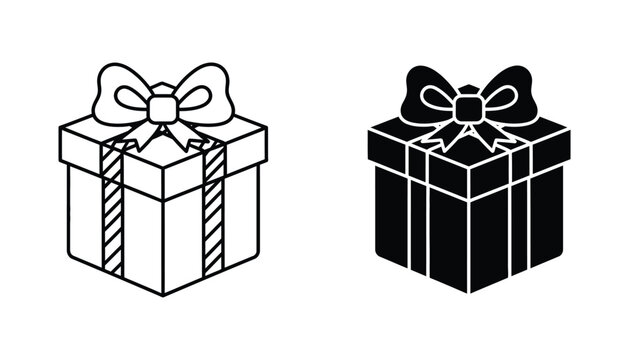 Gift box with ribbon bow line art and silhouette icon set for holidays and birthdays