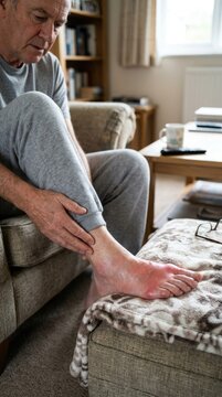 Uric crystal affliction: gouty arthritis, joint inflammation, big toe, metatarsal pain, senior distress, acute attack, swollen foot, hyperuricemia symptom, rheumatology concept, medical problem.