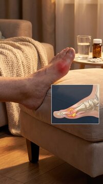 Inflamed body ailment: gouty arthritis, acute podagra, uric acid, medical symptom, crystal deposit, painful foot, treatment need, chronic condition, health problem, metabolic disorder.