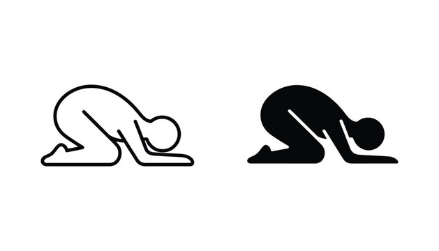 Person kneeling in prayer or prostration line art and silhouette icon set