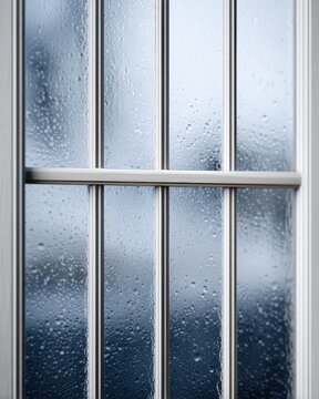 A close-up view of a window with condensation and raindrops on the glass, framed by white mullions creating a grid pattern.