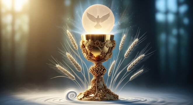 Divine sacrament symbol: holy Corpus Christi, worship religion, body Christ, sacred blood, blessed chalice, spirit host, grace communion, golden vessel, wheat grain, divine light, spiritual offer.