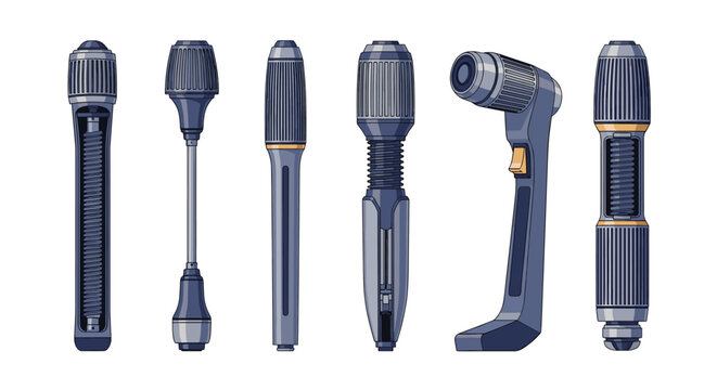 Collection of various industrial handles or futuristic tool components with metallic textures and complex mechanical designs.