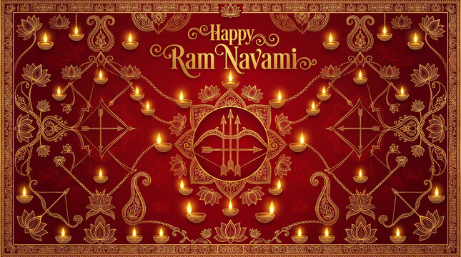 Ram Navami Traditional Indian Motif Lotus Bow Vector Background, Happy Ram Navmi
