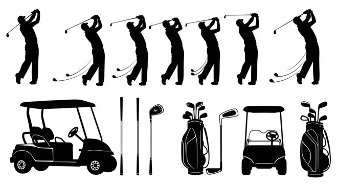 Golf Swing Sequence Silhouette with Golf Cart and Clubs