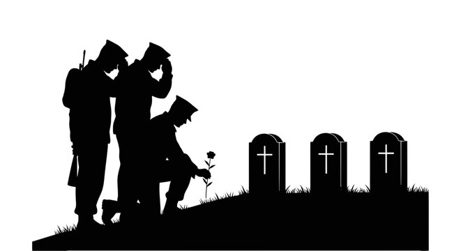 Military Funeral Silhouette: Soldiers Mourning at Gravesite with Rose