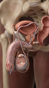 Male reproductive system: sperm path, semen passage, internal organ, human biology, body anatomy, gland function, duct network, generate life, process illustrate, medical view.