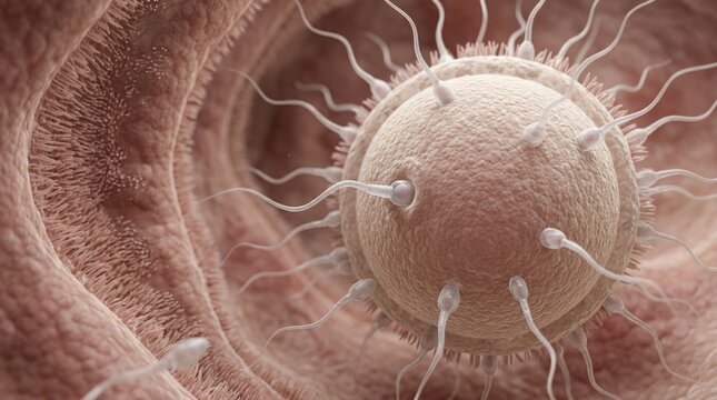 Biological genesis process: sperm travel, ovum fusion, embryo develop, human reproduction, cellular combine, internal view, future life, female system.