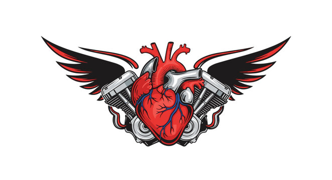 Heart engine with wings and pistons represents power and passion within a mechanical illustration of an anatomical human heart.