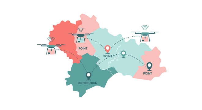 Autonomous Drone Delivery Network Logistics Infographic with Distribution Map and UAV Quadcopters
