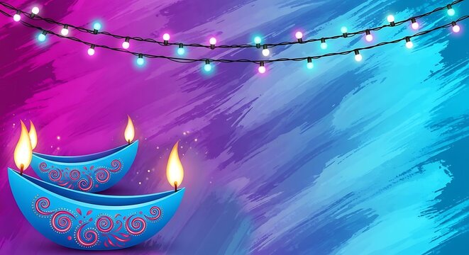 Festive Diwali diyas with fairy lights on a vibrant painted pink and blue background