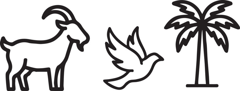 Eid ul adha symbols goat dove and palm tree line art illustration