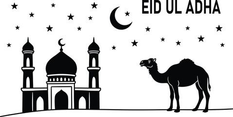 Eid ul adha illustration mosque crescent moon camel starry night sky © MST