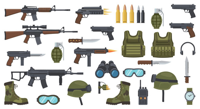 Extensive collection of military gear and weapon icons including assault rifles pistols grenades knives and tactical equipment.