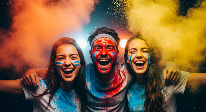 Three laughing young people with colorful face paint and powder exploding around them, symbolizing joy, celebration, and vibrant energy at a festival or event