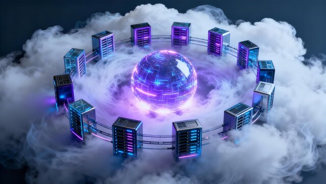 Glowing Data Sphere Surrounded by Server Racks in Digital Cloud Network for Cybersecurity and Advanced Computing Infrastructure