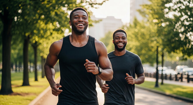 Two men running and smiling on a sun-drenched path lined with trees, symbolizing friendship, fitness, and outdoor activity.