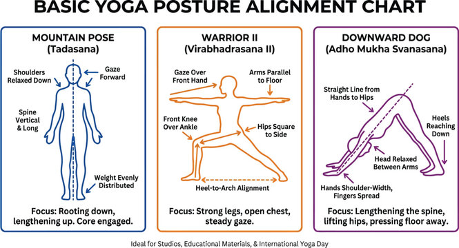 Yoga posture chart provides clear visual instructions for performing mountain pose, warrior two, and downward dog correctly.