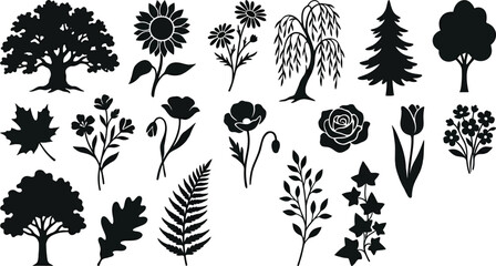 Collection of black silhouette nature trees, flowers, leaves, and fern leaf © hr graphics