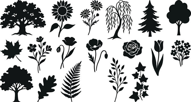Collection of black silhouette nature trees, flowers, leaves, and fern leaf