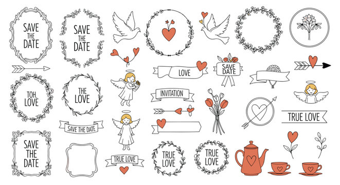 Hand drawn collection of romantic wedding elements including floral frames doves angels hearts and decorative save the date banners.