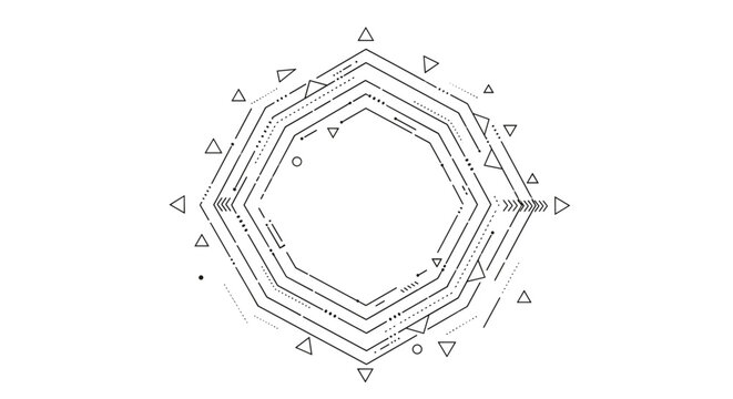 Abstract geometric border design featuring concentric polygons and small triangles in a minimalist black and white modern line style.