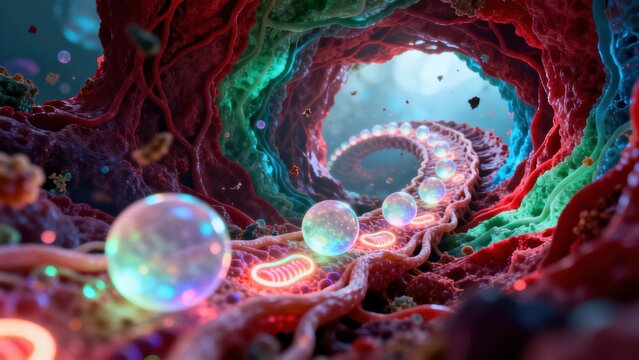 Colorful tunnel with glowing spheres