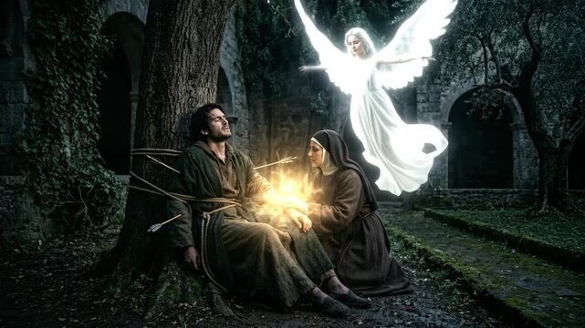 Nun praying for a wounded man tied to a tree with an angel appearing in a mystical forest. Religious scene inspired by saints for spiritual healing concept.