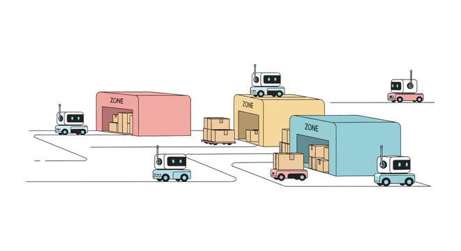 Automated Smart Warehouse with Autonomous Mobile Robots (AMR) Moving Packages Between Logistics Zones