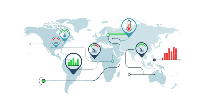 Global Data Visualization Infographic with World Map, Location Pins, and Statistical Charts for Business Monitoring and Climate Tracking