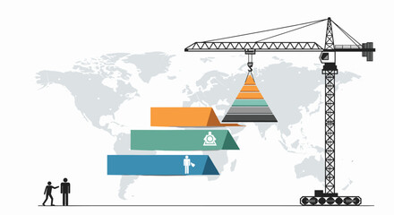 Naklejka premium Business infographic showing a construction crane lifting a pyramid section over a world map with corporate building growth steps.