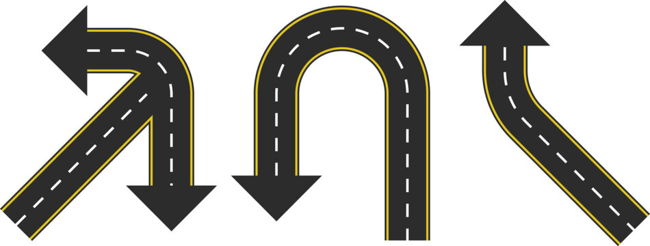 Curved road arrow direction vector set with dashed lane markings. Three realistic asphalt turn symbols isolated on white in flat style. Suits traffic, navigation, and transportation infographic materi