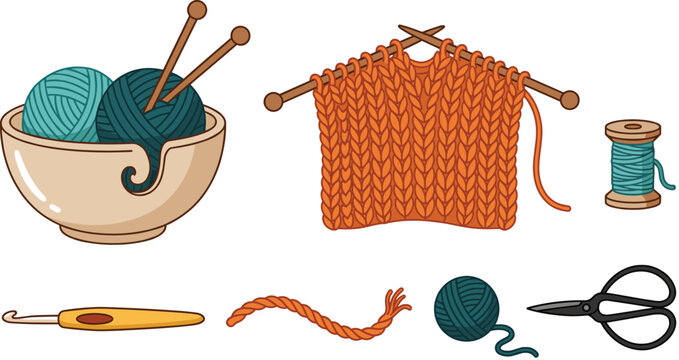 Knitting and crochet vector set featuring yarn bowl needles orange knit fabric swatches thread spool crochet hook and scissors