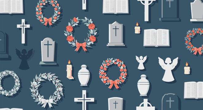 Solemn seamless pattern featuring cemetery elements like gravestones crosses wreaths candles and angels on a dark blue background.