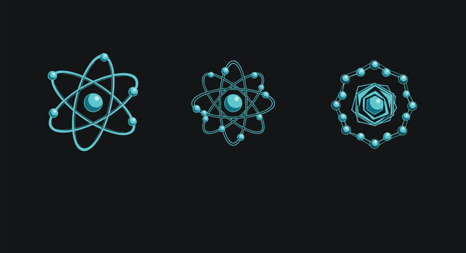 Set of three different atomic model icons showing electrons orbiting a central nucleus against a dark background for science themes.